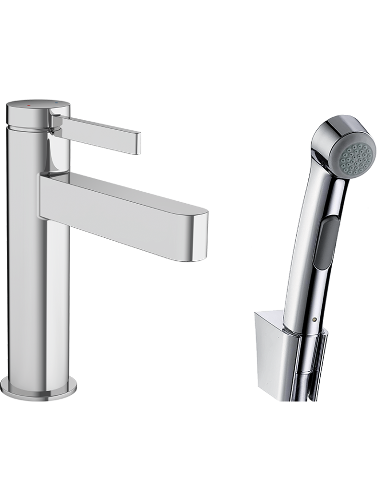 Finoris Tek kollu lavabo bataryası 110, bidette el duşu ve 160 cm duş hortumu ile